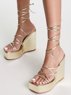 ASOS DESIGN Gold Lace Up Platform Wedge Sandals Size 8